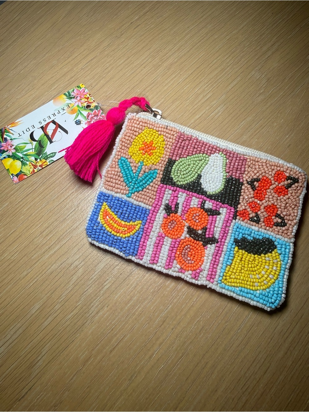 Beaded Fruit & Floral Zip Card Pouch with Pink Tassel